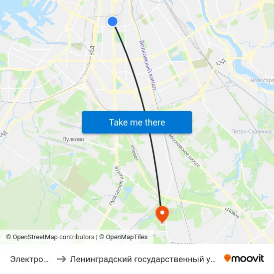Электросила (Elektrosila) to Ленинградский государственный университет имени Александра Сергеевича Пушкина map