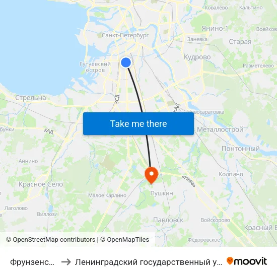 Фрунзенская (Frunzenskaya) to Ленинградский государственный университет имени Александра Сергеевича Пушкина map