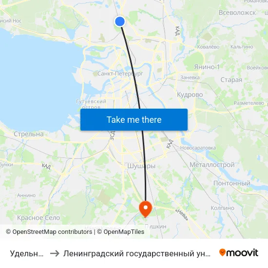 Удельная (Udel'Naya) to Ленинградский государственный университет имени Александра Сергеевича Пушкина map