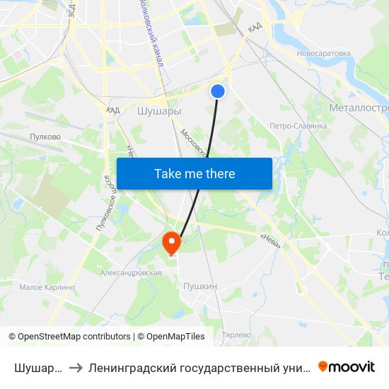 Шушары (Shushary) to Ленинградский государственный университет имени Александра Сергеевича Пушкина map
