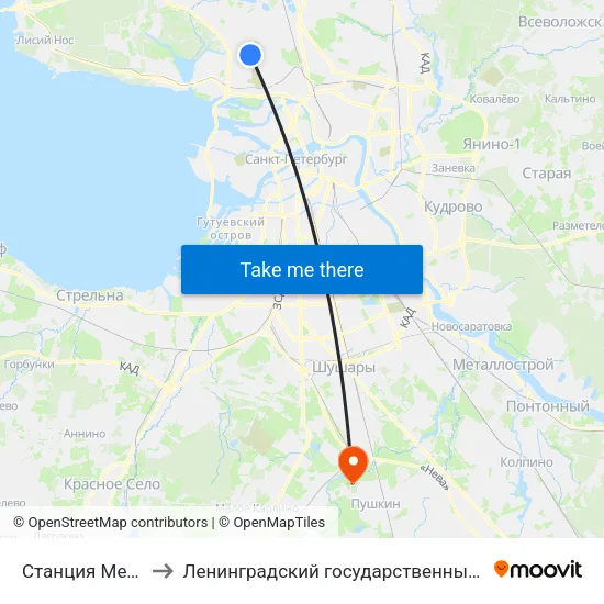 Станция Метро Комендантский Пр. to Ленинградский государственный университет имени Александра Сергеевича Пушкина map