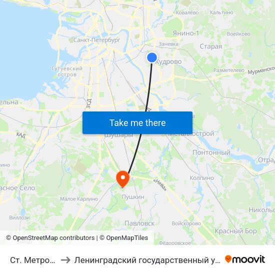 Ст. Метро Пр. Большевиков to Ленинградский государственный университет имени Александра Сергеевича Пушкина map