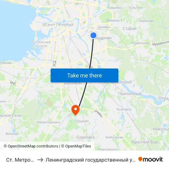 Ст. Метро Пр. Большевиков to Ленинградский государственный университет имени Александра Сергеевича Пушкина map