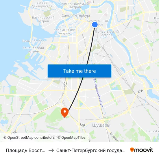 Площадь Восстания (Ploschad' Vosstaniya) to Санкт-Петербургский государственный университет гражданской авиации map
