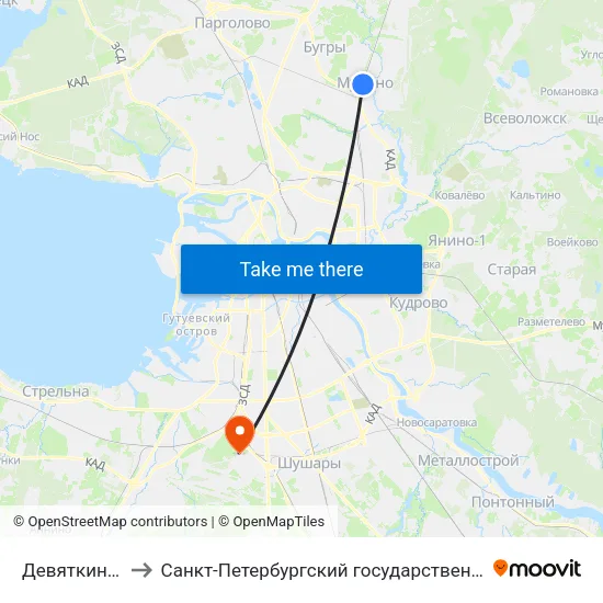 Девяткино (Devyatkino) to Санкт-Петербургский государственный университет гражданской авиации map