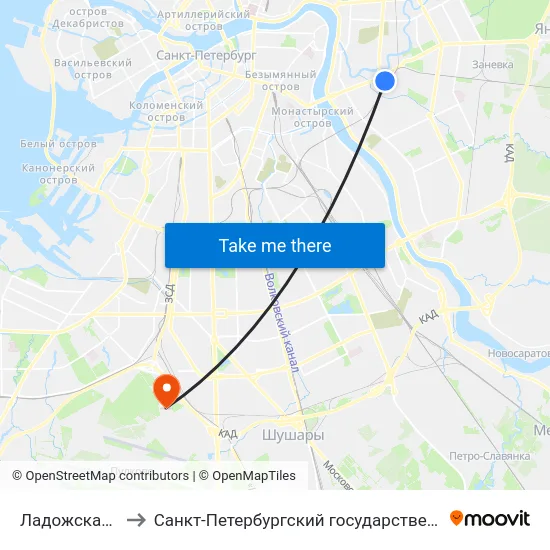 Ладожская (Ladozhskaya) to Санкт-Петербургский государственный университет гражданской авиации map