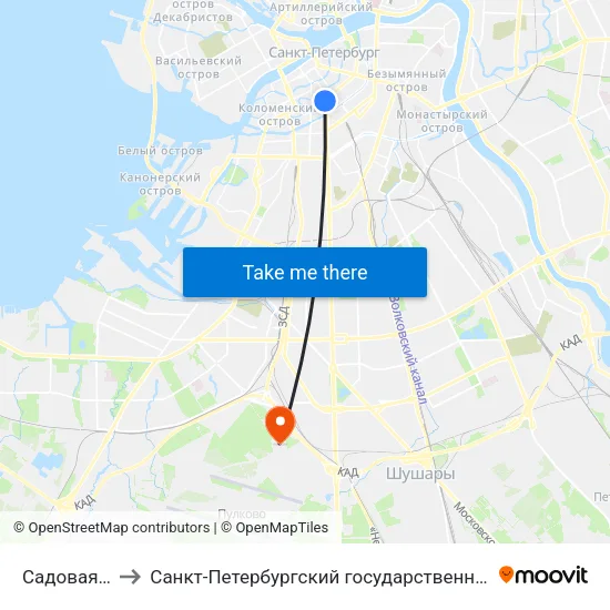 Садовая (Sadovaya) to Санкт-Петербургский государственный университет гражданской авиации map