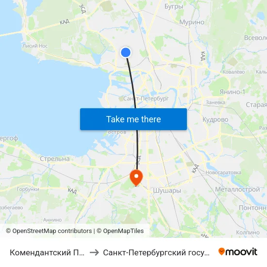 Комендантский Проспект (Komendantskiy Prospekt) to Санкт-Петербургский государственный университет гражданской авиации map