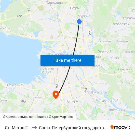 Ст. Метро Гражданский Пр. to Санкт-Петербургский государственный университет гражданской авиации map