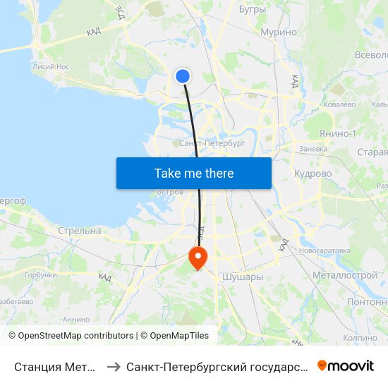 Станция Метро Комендантский Пр. to Санкт-Петербургский государственный университет гражданской авиации map