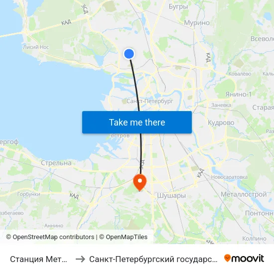 Станция Метро Комендантский Пр. to Санкт-Петербургский государственный университет гражданской авиации map