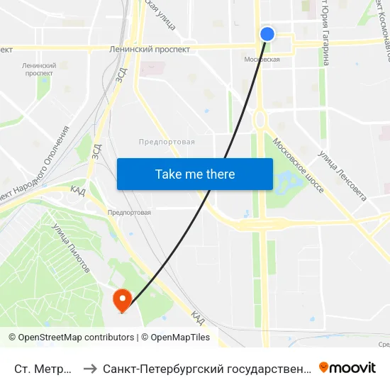 Ст. Метро Московская to Санкт-Петербургский государственный университет гражданской авиации map
