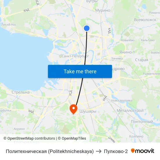 Политехническая (Politekhnicheskaya) to Пулково-2 map