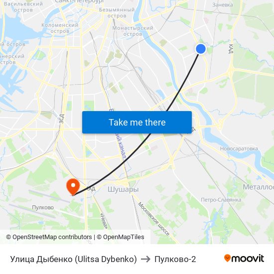 Улица Дыбенко (Ulitsa Dybenko) to Пулково-2 map