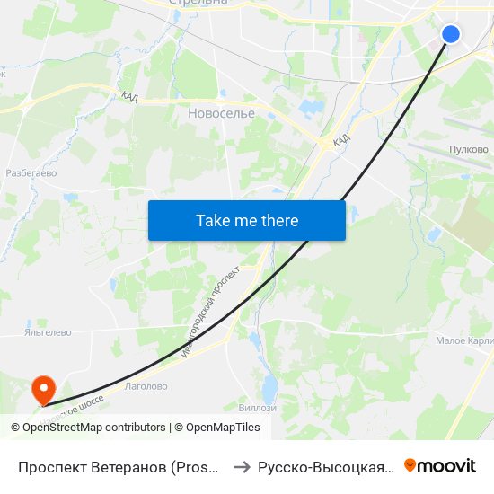 Проспект Ветеранов (Prospekt Veteranov) to Русско-Высоцкая больница map