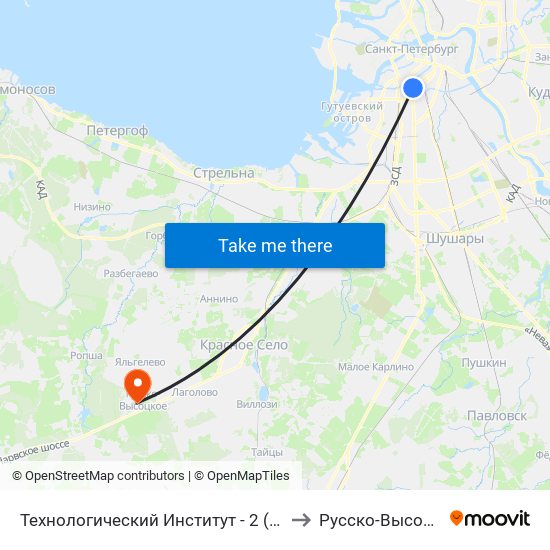 Технологический Институт - 2 (Tekhnologicheskiy Institut - 2) to Русско-Высоцкая больница map