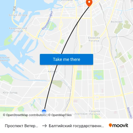 Проспект Ветеранов (Prospekt Veteranov) to Балтийский государственный технический университет «Военмех» map