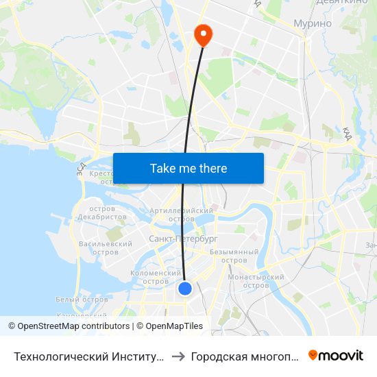 Технологический Институт - 1 (Tekhnologicheskiy Institut - 1) to Городская многопрофильная больница №2 map