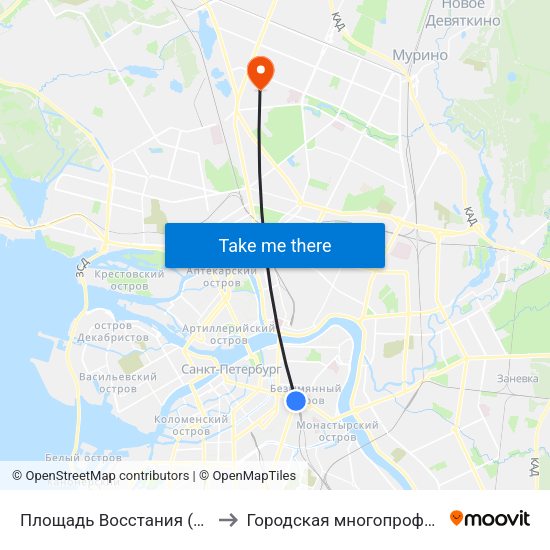 Площадь Восстания (Ploschad' Vosstaniya) to Городская многопрофильная больница №2 map