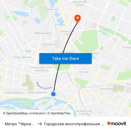 Метро "Чёрная Речка" to Городская многопрофильная больница №2 map