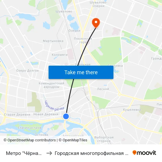 Метро "Чёрная Речка" to Городская многопрофильная больница №2 map