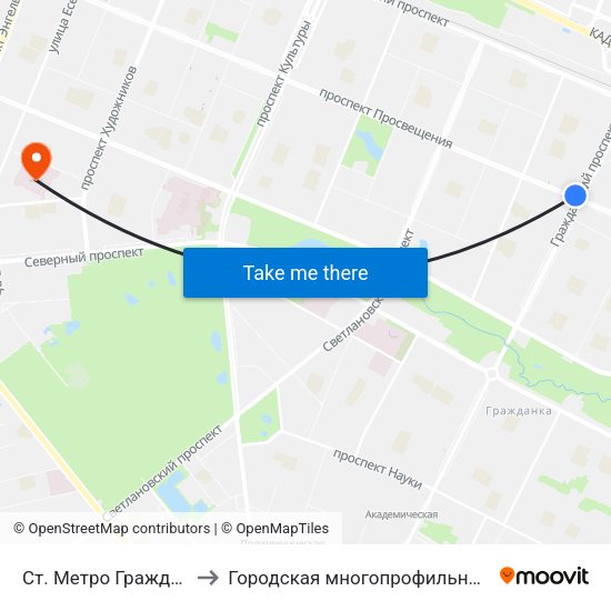 Ст. Метро Гражданский Пр. to Городская многопрофильная больница №2 map