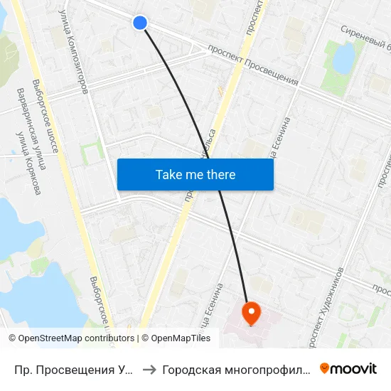 Пр. Просвещения Уг. Ул. Симонова to Городская многопрофильная больница №2 map