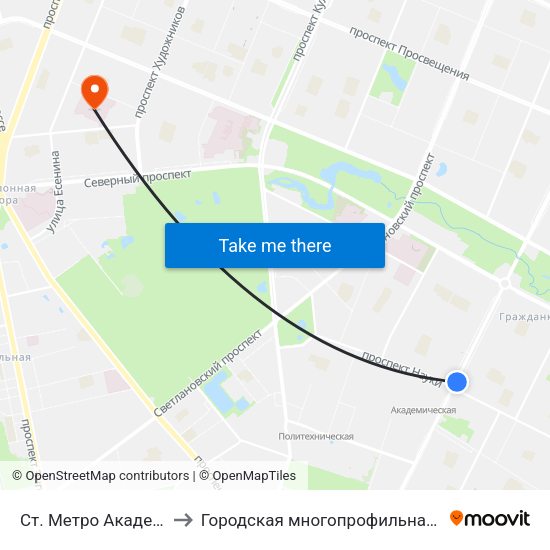Ст. Метро Академическая to Городская многопрофильная больница №2 map