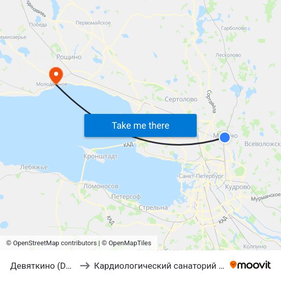 Девяткино (Devyatkino) to Кардиологический санаторий ""Черная речка"" map