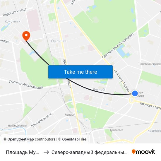 Площадь Мужества (Ploschad' Muzhestva) to Северо-западный федеральный медицинский исследовательский центр им. В. А. Алмазова map