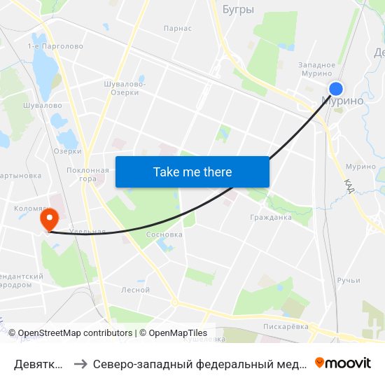 Девяткино (Devyatkino) to Северо-западный федеральный медицинский исследовательский центр им. В. А. Алмазова map