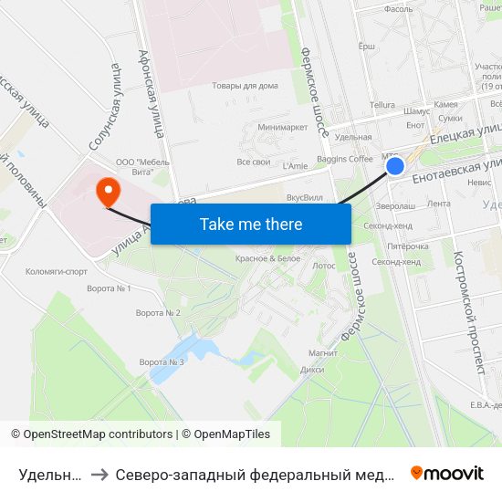 Удельная (Udel'Naya) to Северо-западный федеральный медицинский исследовательский центр им. В. А. Алмазова map