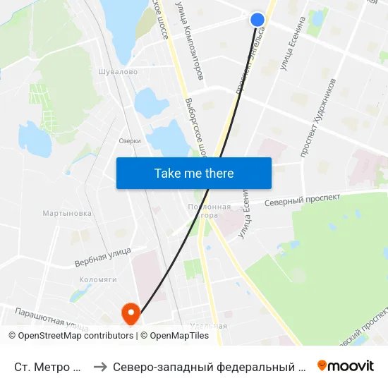 Ст. Метро Проспект Просвещения to Северо-западный федеральный медицинский исследовательский центр им. В. А. Алмазова map