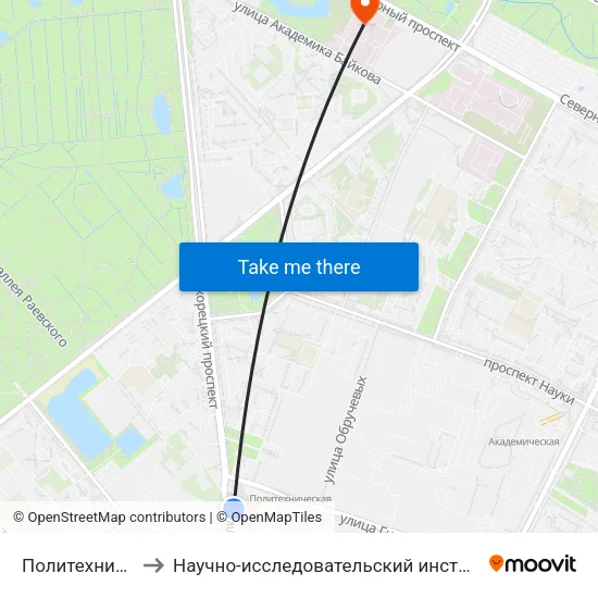 Политехническая (Politekhnicheskaya) to Научно-исследовательский институт травматологии и ортопедии имени Вредена Романа Романовича map