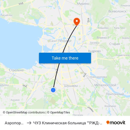 Аэропорт Пулково 1 to ЧУЗ Клиническая больница ""РЖД-Медицина"" города Санкт-Петербург map