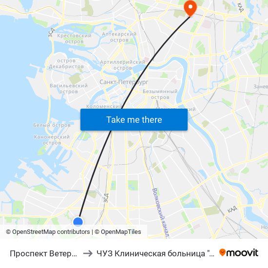 Проспект Ветеранов (Prospekt Veteranov) to ЧУЗ Клиническая больница ""РЖД-Медицина"" города Санкт-Петербург map