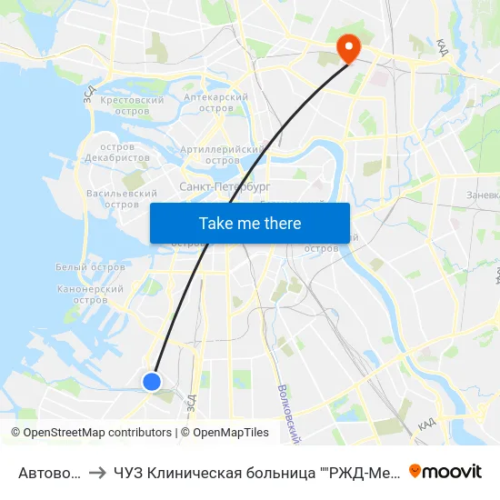 Автово (Avtovo) to ЧУЗ Клиническая больница ""РЖД-Медицина"" города Санкт-Петербург map