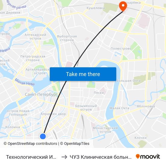 Технологический Институт - 1 (Tekhnologicheskiy Institut - 1) to ЧУЗ Клиническая больница ""РЖД-Медицина"" города Санкт-Петербург map