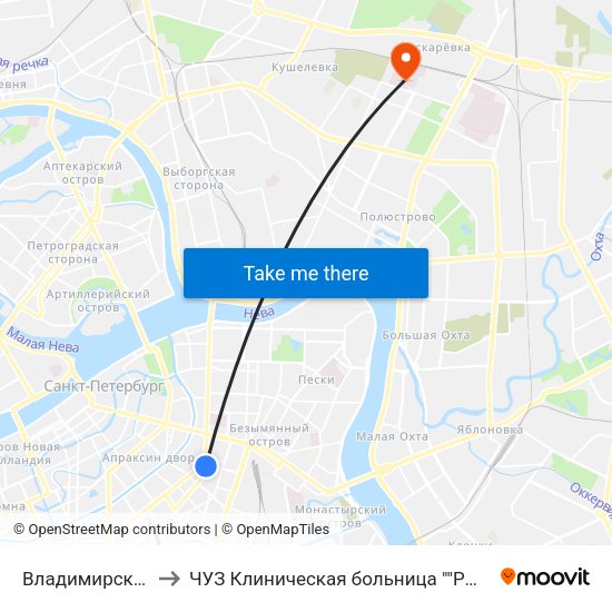 Владимирская (Vladimirskaya) to ЧУЗ Клиническая больница ""РЖД-Медицина"" города Санкт-Петербург map
