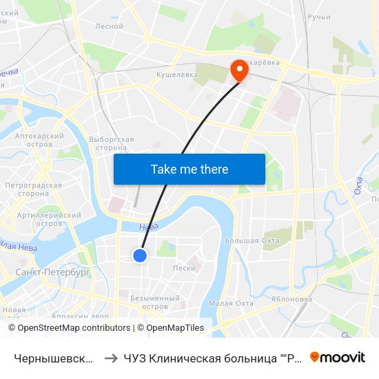 Чернышевская (Chernyshevskaya) to ЧУЗ Клиническая больница ""РЖД-Медицина"" города Санкт-Петербург map