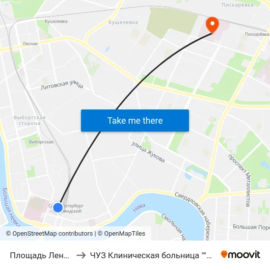 Площадь Ленина (Ploschad' Lenina) to ЧУЗ Клиническая больница ""РЖД-Медицина"" города Санкт-Петербург map