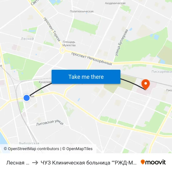 Лесная (Lesnaya) to ЧУЗ Клиническая больница ""РЖД-Медицина"" города Санкт-Петербург map
