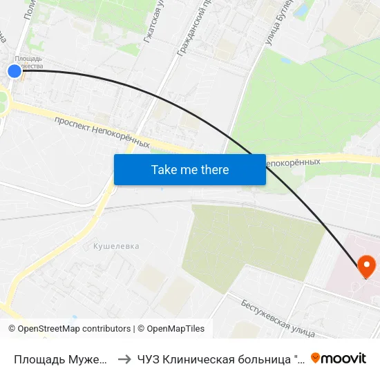 Площадь Мужества (Ploschad' Muzhestva) to ЧУЗ Клиническая больница ""РЖД-Медицина"" города Санкт-Петербург map