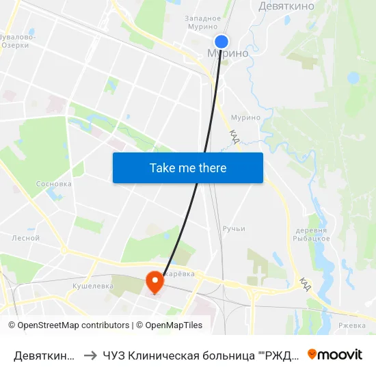 Девяткино (Devyatkino) to ЧУЗ Клиническая больница ""РЖД-Медицина"" города Санкт-Петербург map