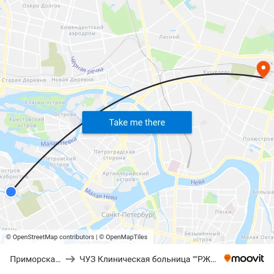 Приморская (Primorskaya) to ЧУЗ Клиническая больница ""РЖД-Медицина"" города Санкт-Петербург map
