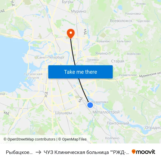 Рыбацкое (Rybatskoye) to ЧУЗ Клиническая больница ""РЖД-Медицина"" города Санкт-Петербург map