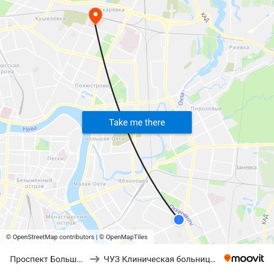 Проспект Большевиков (Prospekt Bol'Shevikov) to ЧУЗ Клиническая больница ""РЖД-Медицина"" города Санкт-Петербург map
