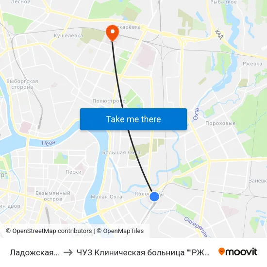 Ладожская (Ladozhskaya) to ЧУЗ Клиническая больница ""РЖД-Медицина"" города Санкт-Петербург map