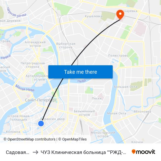Садовая (Sadovaya) to ЧУЗ Клиническая больница ""РЖД-Медицина"" города Санкт-Петербург map