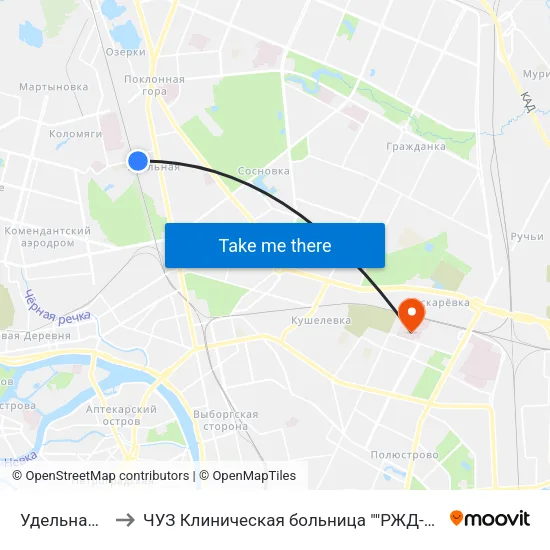 Удельная (Udel'Naya) to ЧУЗ Клиническая больница ""РЖД-Медицина"" города Санкт-Петербург map